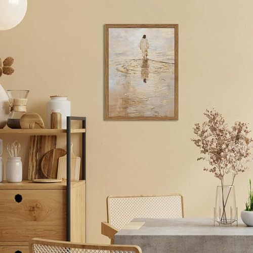 HWETUI Framed 3D Textured Christian Wall Art,Jesus Walking on Water Painting,Hand-Drawn Sandstone Picture,I Will Walk with Christ Religious Home Decor for Living Room Bedroom Church Prayer Room12x16in - color: Beige, size: 16"L x 12"W
