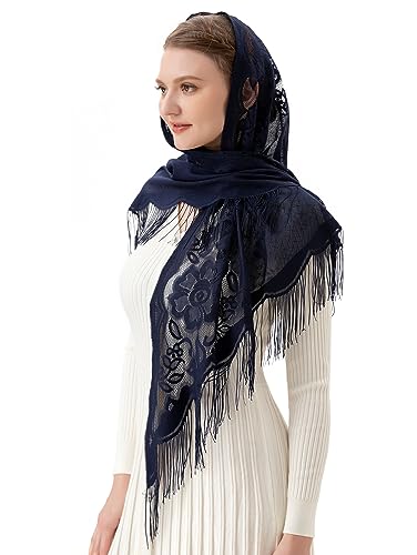PAMOR Triangle Catholic Church Veil Chapel Veil Scarf Mantilla Veils Wrap Shawl Mass Head Covering with Fringe Trim - color: Navy Blue