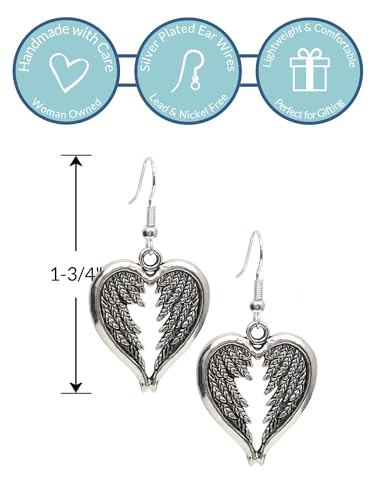 Guardian Angel Wings Heart Antique Silver Charm Earrings for Women