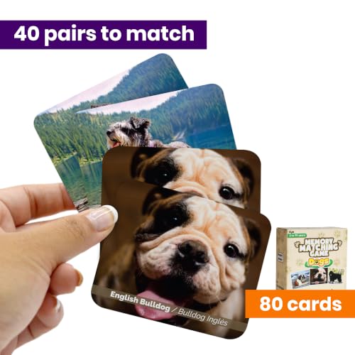 Menique Dogs Memory Matching Game for Kids – 80 Bilingual Cards, 40 Pairs with Real Dog Breed Photos – Educational Family Card Game for Ages 3+ - style: Dogs