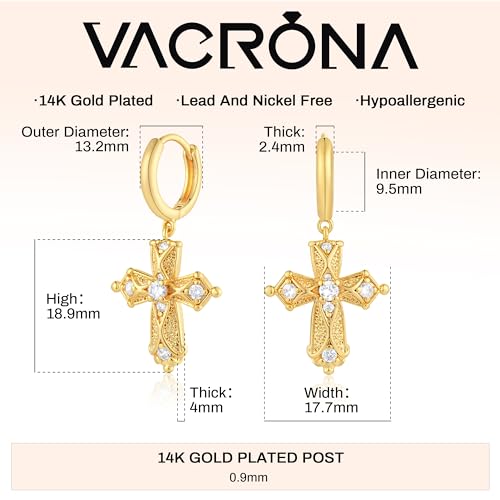 VACRONA Gold Heart Hoop Earrings Huggie Earrings for Women 14k Gold Plated Small Hoops Earrings - color: Cross-CZ-Gold