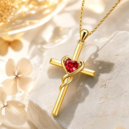 Birthstone Cross Necklace for Women 14K Gold Plated Heart Infinity Cross Pendant Necklace Christian Religious Jewelry Anniversary Birthday Gifts for Wife Mom Her - color: July/Ruby