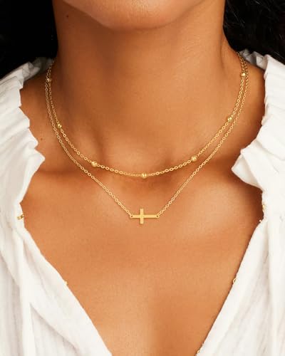 Cross Necklace for Women - Dainty 14K Real Silver Gold Plated Layered Pendant Necklace Stack Simple Trendy Cute Charm Choker Necklaces Jewelry Gift for Teen Her - style: Horizontal Cross Set 2