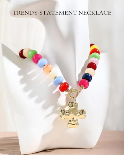 ZHESHY Chunky Beaded Necklaces for Women Heart Cross Statement Necklace - color: Multicolor 1