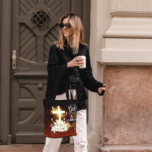 Women's Canvas Tote Bag with Zipper, Large Capacity Shoulder Bag for Work, Travel & Daily Use, Gifts for Mom - color: God is Within Her She Will Not Fall