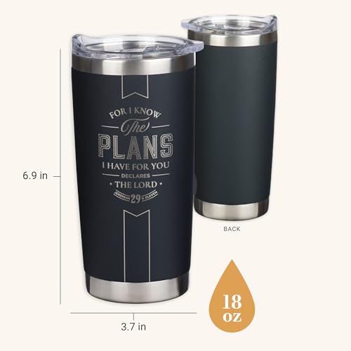 Christian Art Gifts Large Stainless Steel Inspirational Travel Tumbler for Men & Women: Know the Plans Encouraging Bible Verse, Engraved Double Wall Vacuum Insulated, Lid, 24hr Hot/Cold, Black, 18 oz. - color: Black/Know the Plans