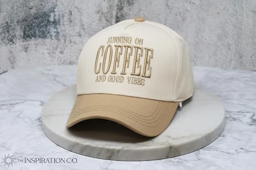 THE INSPIRATION CO. Running on Coffee Embroidered Hat - Trendy Coffee Lover Cap, Adjustable Snapback Baseball Hat - color: Tan