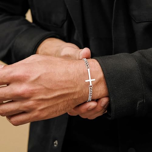 M MOOHAM Cross Bracelet for Men, Silver/14K Gold Plated Mens Bracelet - color: Silver Plated Cuban Link Chain-7.5Inch