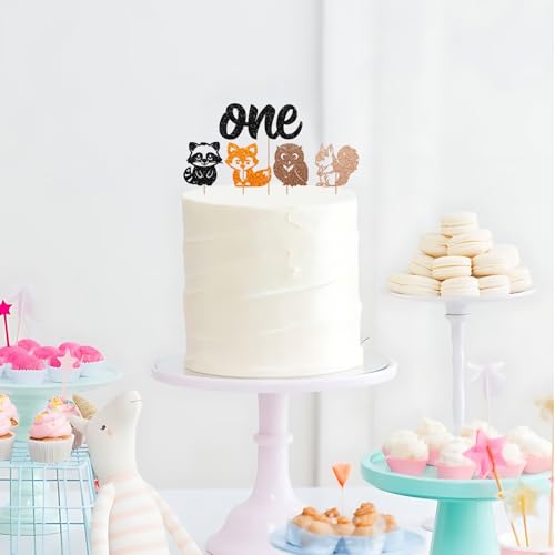 Woodland Animal One Cake Topper, Woodland 1st Birthday Cake Decor, Black Glitter Forest Friends Cake Topper for Kids, Woodland Animal Themed Baby Shower Party Decoration - style: Animal One