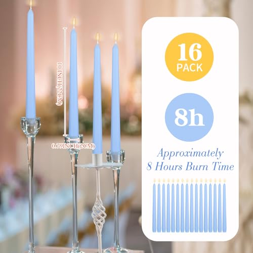 MTLEE 16 Pcs 10 Inch Taper Candle Sticks Smokeless Unscented, Sky Blue - color: Sky Blue