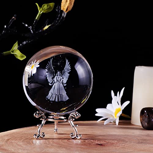 3D Praying Guardian Angel Figurines Crystal Ball with Silver Stand Memorial Gift for Women Friend Special People Angel Decor for Home (3.15in Gift Boxed) - color: Angel
