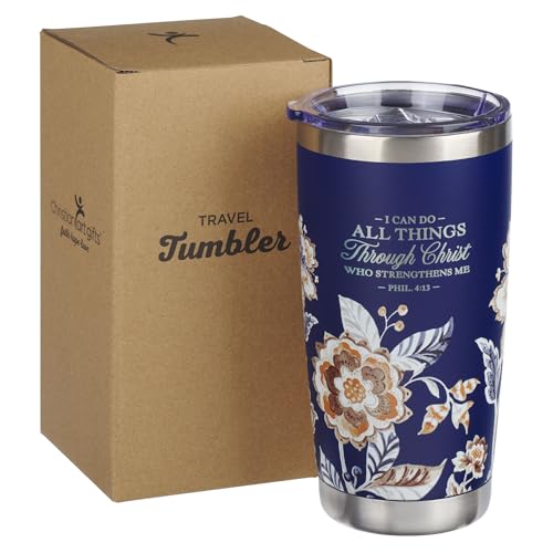 Christian Art Gifts Stainless Steel Scripture Tumbler Travel Mug for Women - color: Navy/Through Christ
