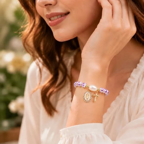 Virgin Mary Cross Bracelet with Miraculous Medal & Crucifix Charm - color: purple1