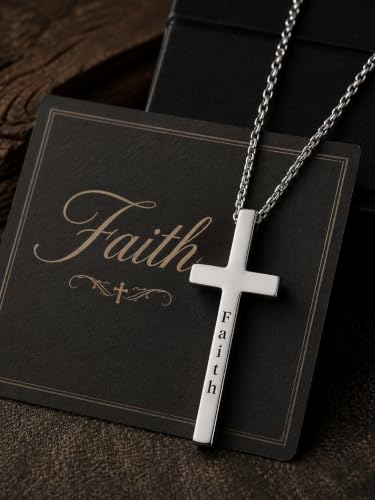 Engraved Cross Necklace for Men, Women & Boys & Girls Cross Necklace, Stainless Steel Cross Pendant Necklace, Faith & Inspiration Christian Jewelry Gift - color: Faith