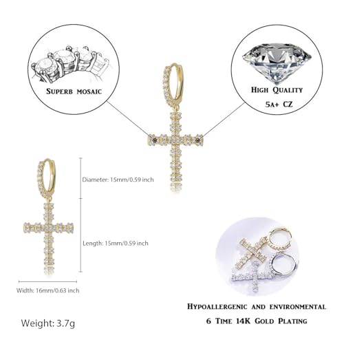 TOPGRILLZ Cross Hoop Dangle Earrings 925 Sterling Silver 5A+ Cubic Zirconia 14K Gold Hypoallergenic Cross Hoop Cuff Huggie Drop Earrings For Men Women - color: Cross 4 Gold