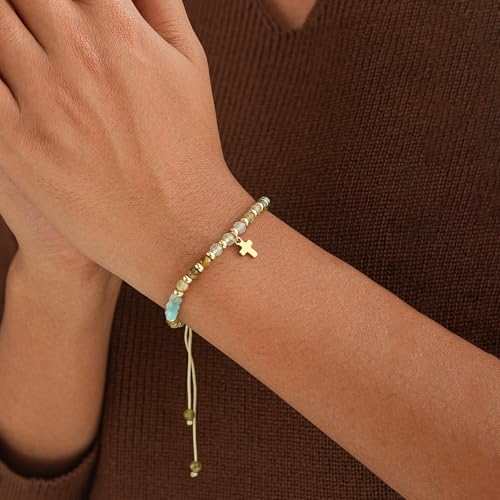 Christian Gifts for Women, Cross Bracelet, Natural Stone Beaded Jewelry - color: Green