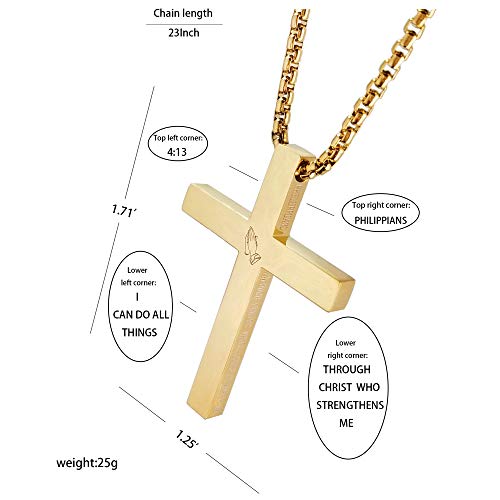 Cross Necklace Stainless Steel Necklace Religious Bible Verse Pendant Crucifix Necklace Faith Jewelry with 22' Chain - style: I can do all things - gold