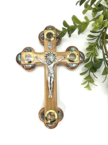 iHoly Land Crafts Crucifix Wall Cross, 7 inch Olive Wood Cross with Relics and Mother of Pearl, Catholic Crucifix for Wall, Cross for Living Room Decor Entryway, Cross Gift (7 Inch Crucifix) - size: 7"L x 5"W