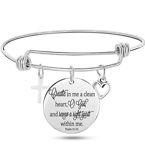 Jude Jewelers Stainless Steel Adjustable Size Christian Cross Holy Bible Verses Mantra Bangle Bracelet - style: Psalm 51:10
