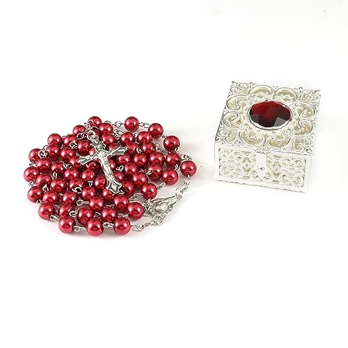 Vintage Rosary Necklace With Red Beads, Gift Box for Women, First Communion Catholic Rosary - color: RED-001