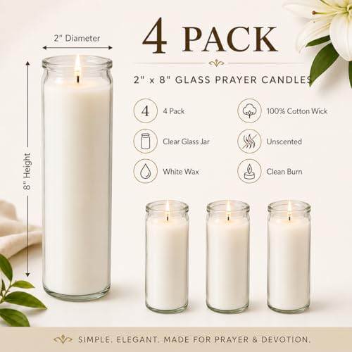 White Prayer Glass Candles Unscented, Bundle 4 Pack