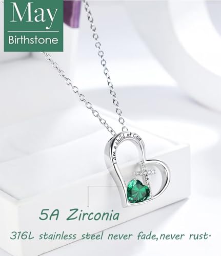 Birthstone Cross Necklace for Girls, Child of God Cross Gifts Jewelry - color: 05. May, style: 01. Silver