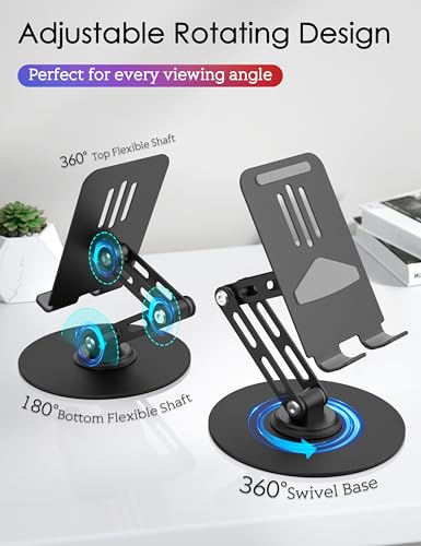 360° Rotating Cell Phone Stand for Desk, Adjustable Foldable Aluminum Phone Holder with Anti-Slip Base, Sturdy Desktop Stand Compatible with iPhone, iPad, Android Phones – Black - color: Black