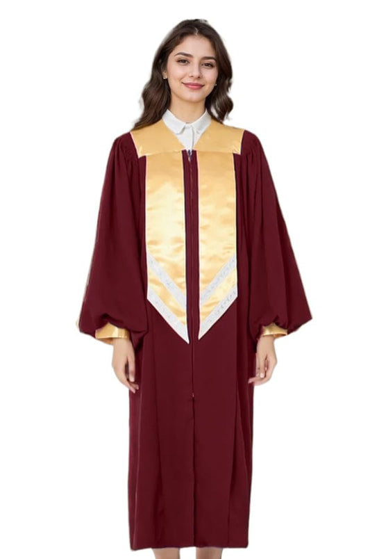 Unisex Maroon Choir Robe with Gold Satin Stole V-neck - size: 48