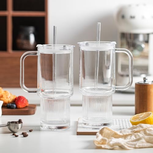 INSETLAN 26oz Glass Tumbler with Handle & Lid – 4-Pack Large Iced Coffee Cups with Straws, Modern Glass Mug for Cold & Hot Beverages, Aesthetic Travel Cup for Smoothies, Tea, and Juice - color: B-Clear-4PCS