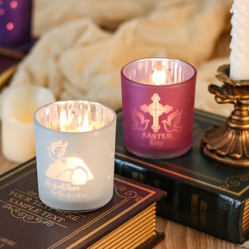 SHMILMH Easter Decorations for Religious Home Decor, He is Risen Decor Table Centerpiece, Christian Easter Decor Frosted Glass Votive Tealight Candle Holders Set of 4
