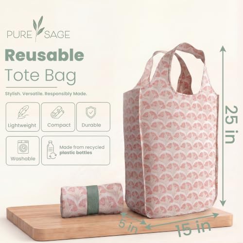 Pure Sage Reusable Grocery Bag - Stylish Shopping Bags for Groceries - Foldable Tote Bag - color: Rose Petals