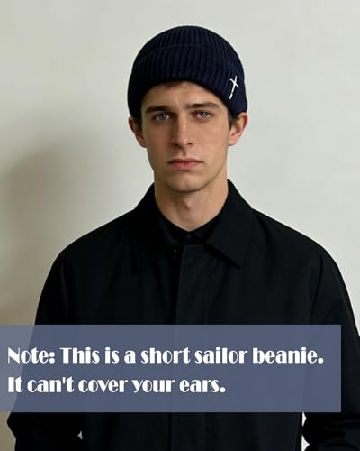 Men's Knitted Skull Cap Cross Embroidered Fisherman Beanie - color: Navy Blue