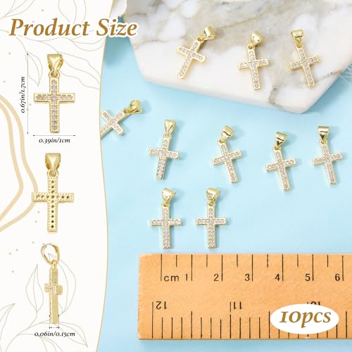 10Pcs Gold Cross Charms for Jewelry Making Bulk Religious Christianity Crystal Charms Brass Cubic Zirconia Pendants for Earring Bracelet Necklace DIY Supplies