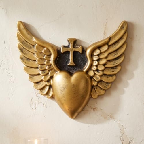 Nuacemi 7.28 Inch Decorative Angel Wings Heart Hanging Wall Art Decor Sculpture Plaque with Cross, Ideal Home Decor for Indoor Display, Bedroom, Church Prayer Room, Religious Guardian Angel Memorial and Housewarming Gift (golden) - color: golden