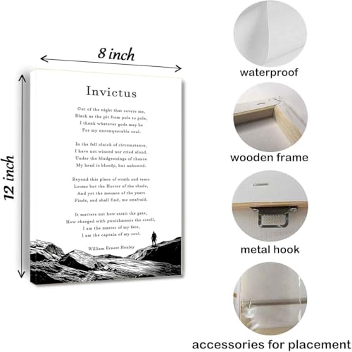 Invictus Poem Wall Art, Inspirational Motivational Quote Canvas Print, Resilience and Strength Poster, Never Give Up Decor, Success Mindset Artwork for Home Office Gym Gift Framed 8 * 12 inch - color: Invictus Poem, size: 12"L x 8"W