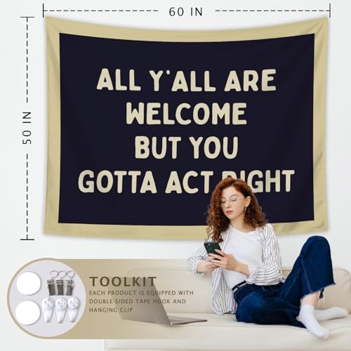 LIANGW Classroom Tapestry, Funny Welcome Tapestry Wall Hanging, All Y'all Are Welcome But You Gotta Act Right Vintage Wall Blanket Decor for Home Living Room Bedroom Room, Housewarming Gifts, 50x60 Inch - color: 06-Howdy Western Cow