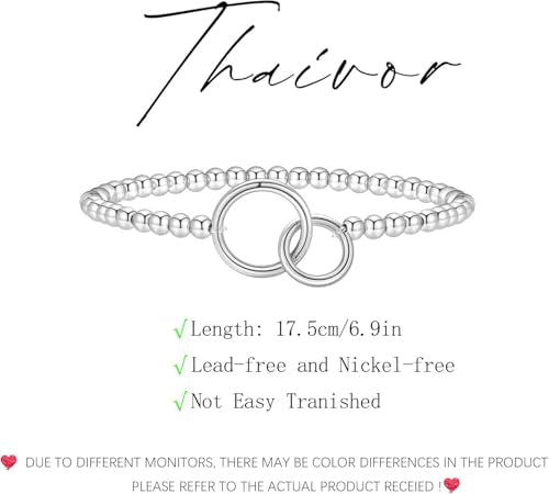 Beaded Bracelets for Women 14K Silver Gold Plated Stretch Handmade Ball Bracelets Cute Charm Bracelet Dainty Stackable Cross Heart Bow Wave CZ Circle Trendy Jewelry Easter Gifts - color: Silver-6