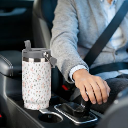 30 oz Floral Travel Mug with Handle and Straw, Aesthetic Rose Flower Stainless Steel Vacuum Insulated Tumbler, Water Bottle, Vintage Gifts for Women - color: floral travel mug