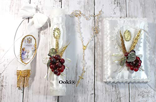 Elegant 4 Piece Angel and Child Grapes Berry Baptism Candle Set Favors Girl Boy White Set de Bautizo Espanol Nina Nino Berries Communion Lace