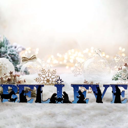 Ushinemi Nativity Scene Christmas Decorations Wooden Believe Tabletop Sign