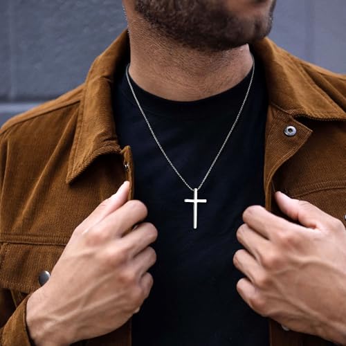 Ursteel 2 Pcs Black Silver Cross Necklace for Men, Bible Verse Cross Chain