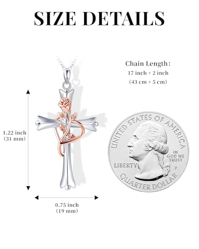 ACECHA Silver Cross Necklace for Women, Crosses Pendant with Birthflower - color: White Silver-Rose
