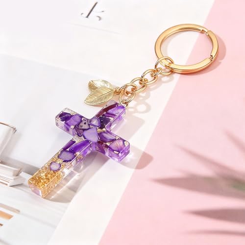 Angyape Cute Christian Cross Keychain for Women Purse Bag Charms Car Key Rings Accessories Flower Design Jesus Faith Gifts - color: J:purple