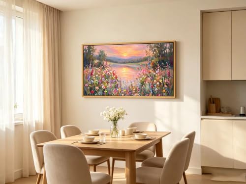 Large Floral Landscape Wall Art Wildflower Meadow Lake Sunset Painting Picture Colorful Botanical Flower Nature Canvas Wall Decor Distant Mountain Forest Print Artwork for Living Room Bedroom - color: Sunset, size: 40"L x 20"W