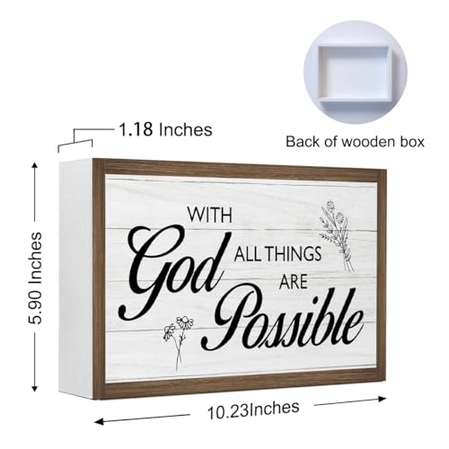 With God All Things are Possible Bible Verse Wooden Box Sign Desk Decor,Rustic Scripture Wooden Block Plaque Sign for Christian Farmhouse Home Office Shelf Table Wall Decor