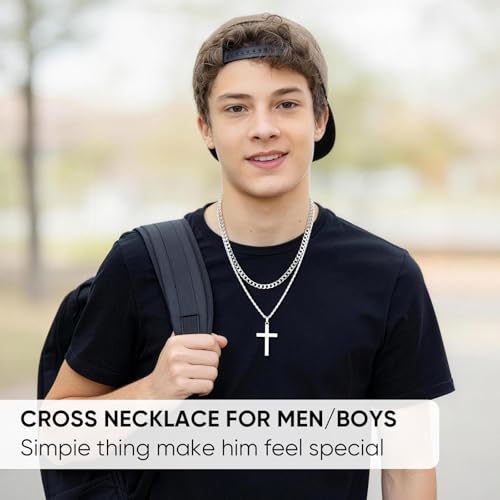 VNOX Cross Necklace Gift for Men - Mens Cross Necklace 925 Silver Plated Chain Neklace Cuban/Rope Stainless Steel Chains Necklaces Christmas Jewelry Gifts for Son Dad Husband - color: Communion, size: 18” Cuban+20“ Rope