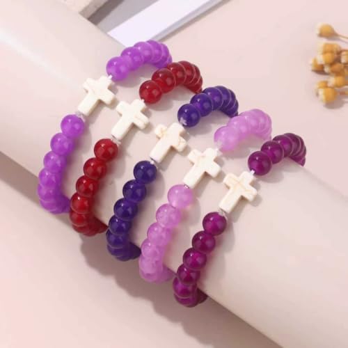 5Pcs Set Cross Beaded Crystal Turquoise Colorful Stretch Bracelet Christian Matching Strand Bracelet for Women Holiday Bohemian Boho Jewelry Multilayered Handmade - color: K