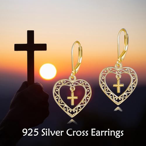 Cross Earrings for Women S925 Sterling Silver Heart Cross Dangle Drop Earrings Faith Religious Jewelry for Women - color: Gold