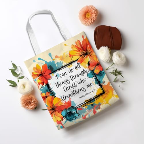 Positive Religious Christian Gifts Canvas Tote Bag for Women Christmas Birthday Cute Beach Reusable Grocery Bags - color: Philippians 4 13 Floral