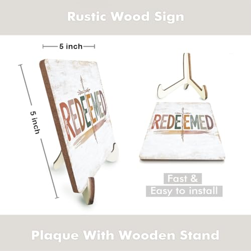 Christian Gifts Desk Decor, Rustic Wood Sign, Boho Faith Religious Bible Verse Quotes Decorative Desk Accessories for Home House Decor Office Accessories Cute Bohemian Table Shelf Wooden Sign - color: Redeemed